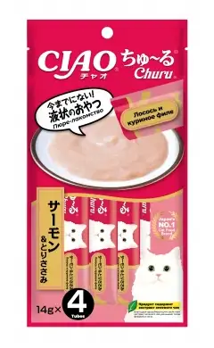 INABA Ciao Churu Лакомство для кошек Пюре Лосось и куриное филе